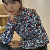 Women Retro Floral Ruched Korean Style Long Sleeve Basic Streetwear Ins Leisure Fashion Girls Vintage New Arrival