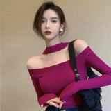 Off Shoulder Sweaters For Women Knitted Long Sleeve Solid Color Sweater Chic Hong Kong Style Tops
