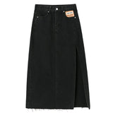 Long Maxi Denim Skirt for Women's Y2k Korean Fashion 2023 Female Loose Sexy Side Slit Open Legs Skirts Jeans Retro Bag