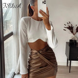 2021 Diamond White Long Sleeve Crop Top Women Fashion Elegant Autumn Winter 90s T Shirts Sexy Casual O