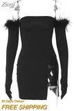 Autumn Winter Elegant Evening Party Mini Club Off Shoulder Dress Women Long Sleeve Sexy Black Dress Split