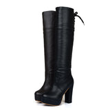 Autumn Women Platform Knee High Boots Square High Heel Lacing Fashion Boots Winter Ladies Shoes Black