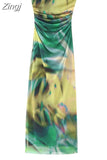 Off Shoulder Corset Dress Woman Print Tulle Long Dresses For Women 2023 Ruched Midi Summer Dresses Sexy Mesh Bodycon
