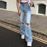 Street Women's Jeans Y2K High Waist Ripped Denim Jeans Straight Pants Streetwear Wide Leg Jeans Casual Loose Baggy