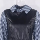 Long Sleeve Mini Shirt Dress For Women White Spring PU Leather Patchwork Plaid Woman Dresses Clothing Femme