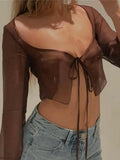 Aesthetic Crop Top Summer Women Mesh Long Sleeve T Shirt Lace Up Bandage Clothes y2k Clothes Casual Grunge