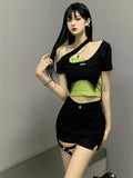 Patchwork Black Green T Shirt Women Short Sleeve Two Piece Set Ladies Tops Streetwear Crop Top Tee Shirt Femme