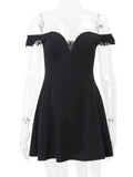 Black Off-shoulder Deep Neck Mini Dress- Outfit
