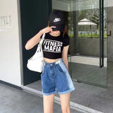 Shorts Jeans Blue Gradient Flanging High Waist Adjustable Vintage Casual Baggy Straight Denim Hot Pants Ladies