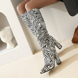 New Autumn Winter Zebra Print Women Boots Fashion Pleated Square High Heel Knee High Boots Ladies Slip On Pointed Toe