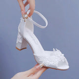 Cm Fish Mouth High-Heeled Sandals Shallow Mouth Lace Flower Large Size Sandals Bride Wedding Silk Satin Cloth Coarse Sandals