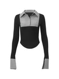 Stripe Splice Polo Neck Long Sleeve Blouse-Outfit