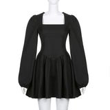 Elegant Chic Square Neck Vintage Puff Sleeve Black Women Mini Dress French Sexy Casual Party StreetWear New Year