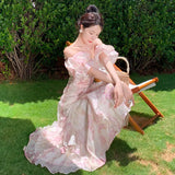 Zingj Word Shoulder Bubble Sleeve Chiffon Floral Sling Dress 2023 Summer Minority Design Show Thin