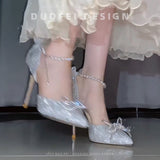 Adult Lily Net Bow Bow High Heels Women With Pearl Fine Sandals Female Beautiful Princess Wedding