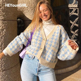 Houndstooth Plaid Print Cardigan Women Autumn V Neck Vintage Knitted Crop Top Sweater Casual Loose Knitwear