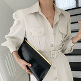 Autumn Women New Fashion Female Puff Sleeve Vintage Solid Midi Shirt Dress Casual Single Breasted Waistband Chic