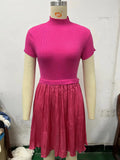 Zingj Parquet Small Turtleneck Dress Short Sleeve Pleated Knit Elegant Pure Color Slim Mini Dress Woman-Outfit
