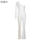 Fashion Elegant One Shoulder Mesh Patchwork Flare Pants Jumpsuit For Women Office Lady Street Solid Slim Female