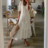 Solid Ruffles Pleated Long Party Dress Women Short Sleeve Loose Casual Dress2021 Autumn V Neck Tassel Hollow Out