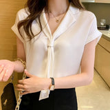 Summer Short Sleeve Chiffon Shirt Women V-neck Tie Solid Loose White Blouses And Shirts Korean Plus Size Women Tops
