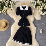 Zingj Collar Short-Sleeved Shirt Top High Waist Shows Thin Pleated Skirt Two Sets Of