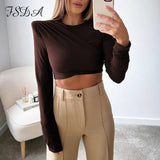 2021 O Neck Brown Long Sleeve Crop Top Women Basic Casual Autumn Winter Sexy T Shirts Black Ruched Streetwear