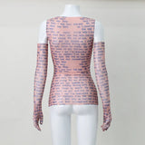 Mesh Letter Print Sleeveless Top With Gloves-Outfit