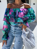 Zingj Burst Autumn Sexy Fashion One-Word Collar Off-The-Shoulder Print Shirt