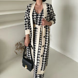 Korean Sweater Set Fashion Vintage Style V-Neck Long Knitted Sweater Coat + Houndstooth Vest Dress Female Two-Piece