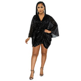 T-sleeve Dress Sexy Sequin Elegant Party Evening V-neck Long Sleeve Loose Mini Vestidos Autumn Female Crystal