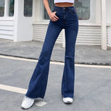 Button Fly Women's Raw Hem Flare Jeans Autumn Fashion Woman Denim Pants Jean Femme High Waist Full Length Slim