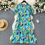 Zingj Dress Women's 2024 Summer Dress New Loose Leisure Fashion Print Medium-Long Bubble Sleeve Holiday
