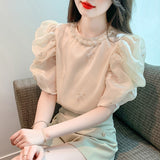 Small Fragrant Bubble Sleeve Heavy Industrial Nail Bead Chiffon Shirt 2025 Summer New Embroidery Design Sense Of Gas