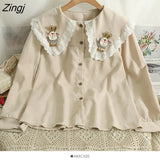 Embroidered Flowers Shirt Women Korean Peter Pan Collar Lolita Blouses Elegant Long Sleeve Single Breasted Blusas