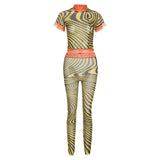 Women Summer Crop Top Long Pant Mesh See Through Zebra Striped Printed Two Piece Matching Set 2021 Wholesale