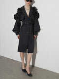 Sister Wind 2025 Autumn New Advanced Sense Fold Splicing Bubble Sleeve Closed Waist Long Solid Color Coat
