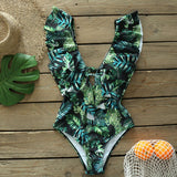 One Piece Swimsuit Ruffle Swimwear Women V-Neck Bathing Suit Beach Wear 2021 New Print Monokini