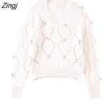 Women Fashion V Neck Geometric Hollow Out Crochet Short Knitting Sweater Female Chic Diamond Stitch Pullovers Tops