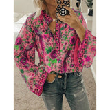 Women Print Blouses Casual Loose Tops Stand V Neck Long Sleeves Button Plus Size Pullover Female Tee Shirts