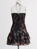 Holiday Style Slim Hanging Neck Bag Hip Dress 2025 Summer New Design Printing Folds Short Dress