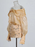 Temperament Famous Wind One-Word Shoulder Dress 2025 New Nail Drill Bow Collage Design Bubble Sleeve Skirt