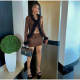 Tie Up Feather Leopard Print Tie Up Top And Mini Skirt Set- Outfit
