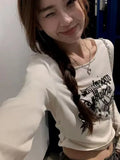 Pleated Grunge Tee Shirts Femme Slim Fit Y2k Aesthetic Letter Print Long Sleeve Cropped Top Women Fashion All Match