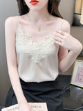 Korean Fashion Silk Women Camis Streetwear Satin Sexy Tops Lace Sleeveless White Female Tank Tops Blouse OL Woman
