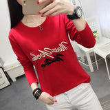 Embroidery Autumn T-shirt Women New Fashion Simple Long Sleeve Tops Lovely Black White Loose Female T-shirt Plus