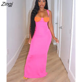 Summer Patchwork Pink Maxi Dresses For Women 2022 Sleeveless Spaghetti Strap Dress Female Casual Bodycon Long