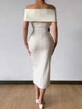 Off Shoulder Midi Dress Women Split Folds With Belt White Elegant Bodycon Sexy Party Chic Christmas New Year