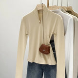 Color Design Feel Minority Long-Sleeved T-Shirt Women's Autumn New Semi-High-Collar Bottomed Shirt Slim V-Collar