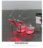 Zingj 34-43 Sexy Super High Heels Luminous Thin Heel Waterproof Platform Sandals Transparent Model Crystal Shoes Wedding